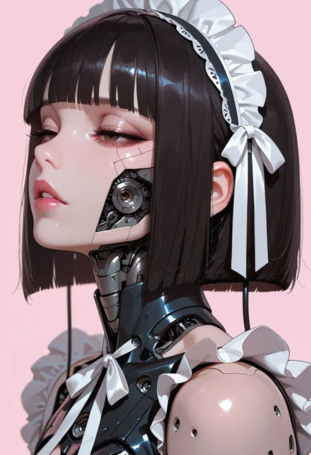 masterpiece, best quality, very aesthetic, absurdres, newest, depth of field,realistic, goth girl <lora:gothic_niji_style_ilxl_goofy:0.8>
1girl, pink background, cyborg, white ribbon, parted lips, android, simple background, from side, blunt bangs, bare shoulders, eyelashes, portrait, breasts, frills, bob cut, cyberpunk, maid headdress, mechanical parts, science fiction, brown eyes, pink lips, cable, neck ribbon, nose, half-closed eyes