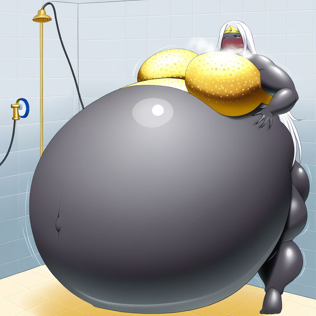 belly size bigger than main body)), (gigantic belly:2.0), goddess, shower, bathroom, cute, nervous, shy, heavy breathing, in heat, open mouth, aroused, hands on belly, hose leading into butt from air pump on ground, huge Belly press on mirror, shirtMega, poseMega, 1girl, colored skin, black skin, circlet, facial mark, white hair, long hair, white hair, circlet, purple pelvis curtain, gold belt, neck ring, bracer, large breasts, purple eyes, no mouth, hand on hip, hand up, thick thighs, <lora:queentyranime-40:1>, queentyr, golden bra
