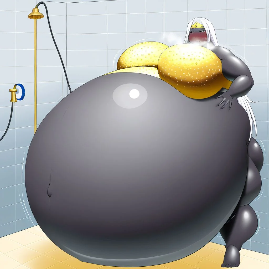 belly size bigger than main body)), (gigantic belly:2.0), goddess, shower, bathroom, cute, nervous, shy, heavy breathing, in heat, open mouth, aroused, hands on belly, hose leading into butt from air pump on ground, huge Belly press on mirror, shirtMega, poseMega, 1girl, colored skin, black skin, circlet, facial mark, white hair, long hair, white hair, circlet, purple pelvis curtain, gold belt, neck ring, bracer, large breasts, purple eyes, no mouth, hand on hip, hand up, thick thighs, <lora:queentyranime-40:1>, queentyr, golden bra