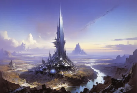 A futuristic cityscape at dusk. The central focus is an immense, towering skyscraper with a sleek, reflective surface that reflects the soft, ambient light of the setting sun. The building's design is futuristic, with a tapering top and a complex, organic base that seems to blend seamlessly with the landscape. In the foreground, a serene river runs through a valley lined with lush, green trees. Bridges and elevated walkways connect the base of the skyscraper to the surrounding buildings. The buildings in the foreground are more modest in size, with a mix of glass and metallic facades, indicating modern architecture. In the background, the cityscape stretches into the distance, showcasing a variety of skyscrapers and high-rises, some of which are needle-like, indicating a focus on verticality and density. The sky is a gradient of deep blues and purples, with scattered, fluffy clouds casting shadows on the buildings below. The overall color palette is cool and serene, with the soft lighting enhancing the futuristic, utopian atmosphere of the scene.