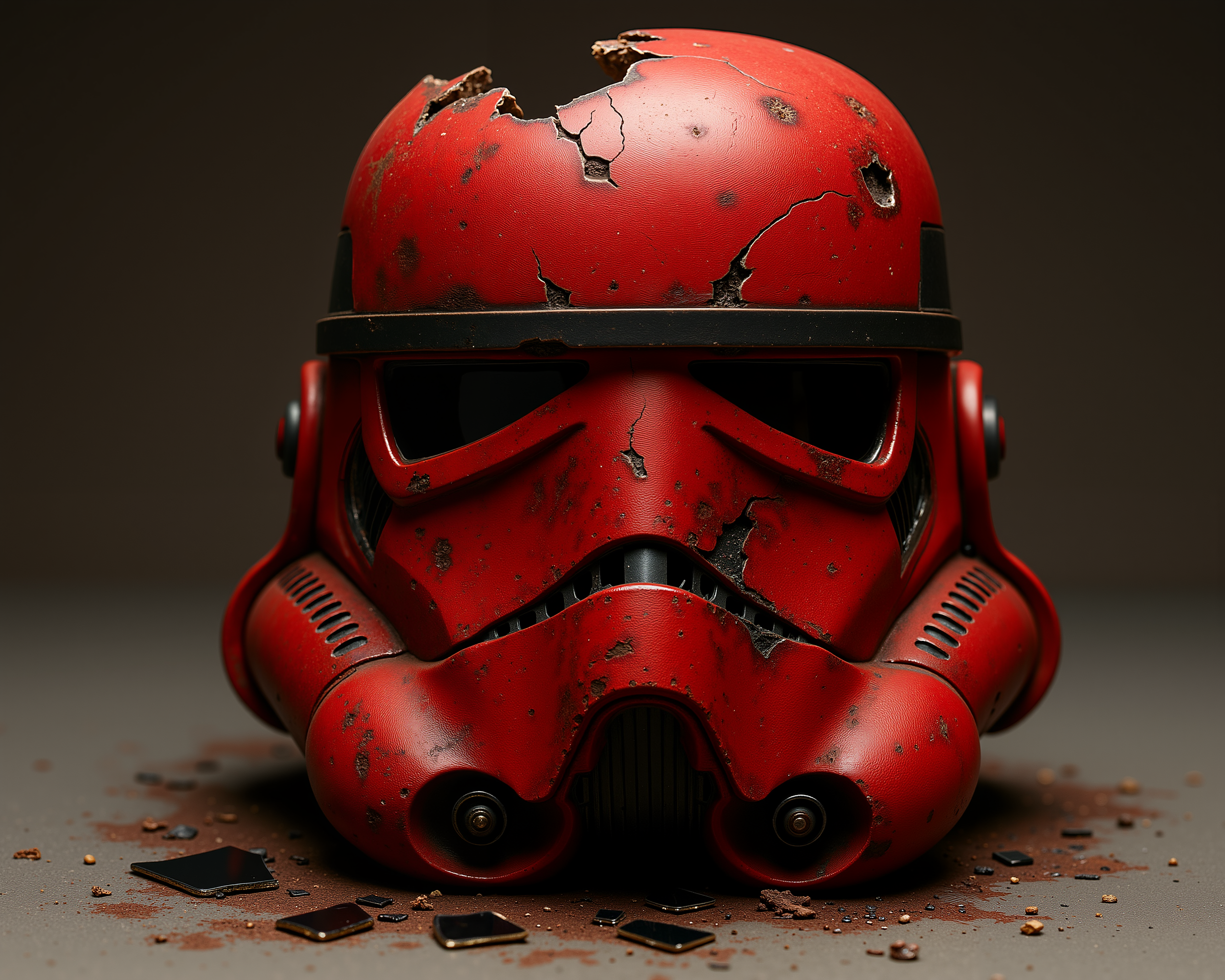 D@m@ge. The image is a high-resolution photo of a Star Wars stormtrooper helmet, appears heavily damaged and worn. The helmet's surface is a deep, rusty red color with visible signs of wear and tear. The visor is brocken.Black glass  laying around. Sharp edges. The helmet has damage on both sides. The damage includes large cracks, dents, and rust, with some areas appearing to have been melted or burned, revealing a darker, charred texture beneath the red paint. The helmet's face mask is still recognizable, with the distinctive black visor and the iconic white stripe above it.