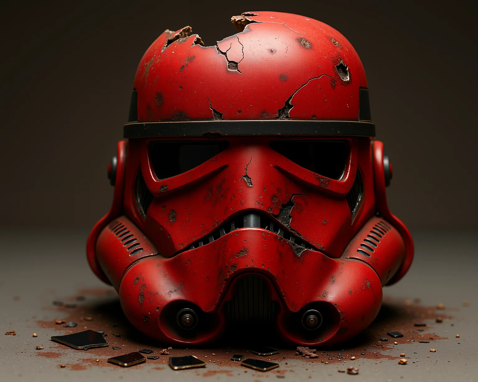 D@m@ge. The image is a high-resolution photo of a Star Wars stormtrooper helmet, appears heavily damaged and worn. The helmet's surface is a deep, rusty red color with visible signs of wear and tear. The visor is brocken.Black glass laying around. Sharp edges. The helmet has damage on both sides. The damage includes large cracks, dents, and rust, with some areas appearing to have been melted or burned, revealing a darker, charred texture beneath the red paint. The helmet's face mask is still recognizable, with the distinctive black visor and the iconic white stripe above it.