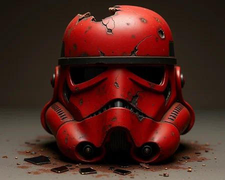 D@m@ge. The image is a high-resolution photo of a Star Wars stormtrooper helmet, appears heavily damaged and worn. The helmet's surface is a deep, rusty red color with visible signs of wear and tear. The visor is brocken.Black glass laying around. Sharp edges. The helmet has damage on both sides. The damage includes large cracks, dents, and rust, with some areas appearing to have been melted or burned, revealing a darker, charred texture beneath the red paint. The helmet's face mask is still recognizable, with the distinctive black visor and the iconic white stripe above it.