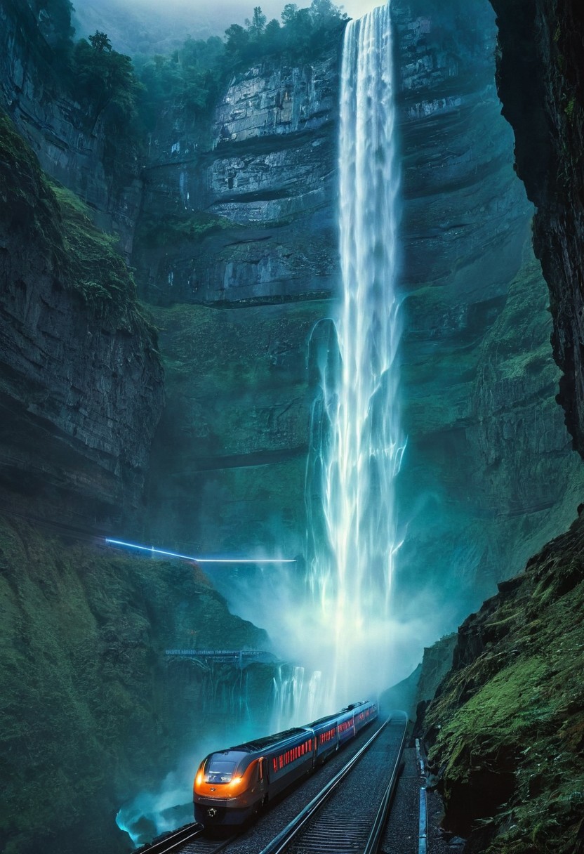 .WATERFALL, MIST. MILKYWAY. 
HIGH-SPEED FLYING TRAIN, LIGHT TRAILS., 
MIRROR REFLECTION, VIBRANT COLORS, WATER FILLED,  DEEP VALLEYSHUGE WATERFALLS FROM CLIFF.Blade Runner ambience, cyberpunk ambient music, sci-fi ambience, relaxing cyberpunk music, focus soundscapes, focus ambience.