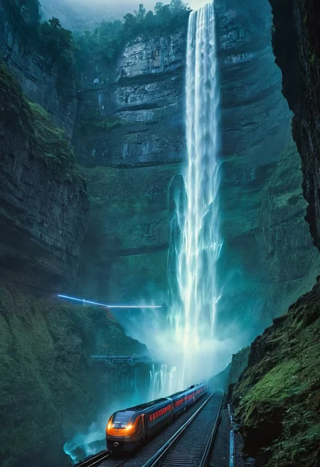 .WATERFALL, MIST. MILKYWAY.
HIGH-SPEED FLYING TRAIN, LIGHT TRAILS.,
MIRROR REFLECTION, VIBRANT COLORS, WATER FILLED, DEEP VALLEYSHUGE WATERFALLS FROM CLIFF.Blade Runner ambience, cyberpunk ambient music, sci-fi ambience, relaxing cyberpunk music, focus soundscapes, focus ambience.