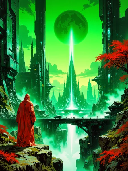famous science fiction artwork, inspired by roger dean and stephan martiniere, absurdres, ultra-high-resolution, eccentric and mysterious, cinematic view, hyper-realistic and highly detailed digital masterwork painting of a futuristic spaceport under a green night sky. a lone figure wearing a red robe is standing on a rocky ledge, gazing at a green-hued spaceport cityscape. the figure is clad in a flowing, deep red robe that reaches the ground. the background showcases towering, sleek towers and dome-shaped structures with a mix of sharp, angular designs and organic curves, giving a sense of technologically advanced architecture. the buildings are illuminated with neon lights in shades of green, blue, and yellow. hovering above the city is a large, circular spaceship, adding to the sci-fi atmosphere. in the center of the image, a tall spire emits a bright, ethereal light, creating a focal point amidst the bustling city. the sky is a gradient of deep green to black, with wispy clouds and a large, full moon partially obscured by clouds, adding a mystical touch. the foreground features lush, vibrant greenery with a variety of plants and trees, some with bright red leaves, contrasting sharply with the technological elements. the lighting is dramatic, with a mix of cool and warm tones, highlighting the interplay between nature and technology, grand composition, cinematic visual storytelling, ovg, artilands02, arsmoviestill, 80s fantasy movie still, <lora:style-fantastic_landscapes-v2-flux-by_artifyai:0.76> <lora:style-luis_royo-flux-by_tosave:0.72>
