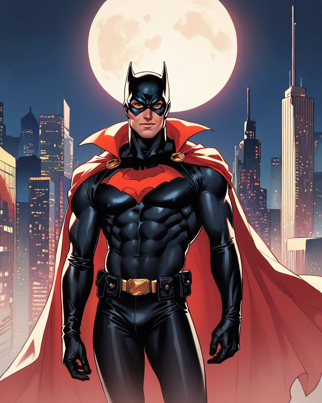 score_9, score_8_up, score_7_up, score_6_up, source_cartoon, source_western, AdamHughesStyle, 1boy, the Batman, cowl, cape draped over body, muscular male,black bodysuit, night, retro futuristic city<lora:AdamHughes_PDXL:0.95>