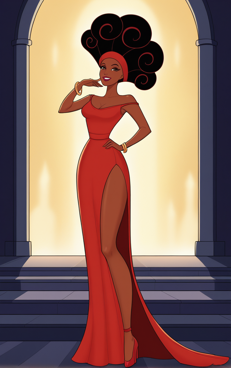 score_9, score_8_up, score_7_up, looking at viewer,  BREAK  
RedDress_Muse_Calliope_ownwaifu, 
1girl, afro, big hair, breasts, brown eyes, brown hair, curly hair, dark skin, dark-skinned female, eyeshadow, hair up, hairband, lips, long hair, makeup, very dark skin, lipstick, medium breasts, colored skin, 
red dress,  red headband, bare shoulders, cape, cleavage, sleeveless dress, strap slip, bracelet, long dress, off shoulder, side slit, long legs, narrow waist, 
(standing, ojou-sama pose), gothic cathedral in background, night sky, moonlight, bokeh, outdoors, <lora:PONYXL_Hercules_Muse_Calliope_ownwaifu:0.7>, depth of field, solo,