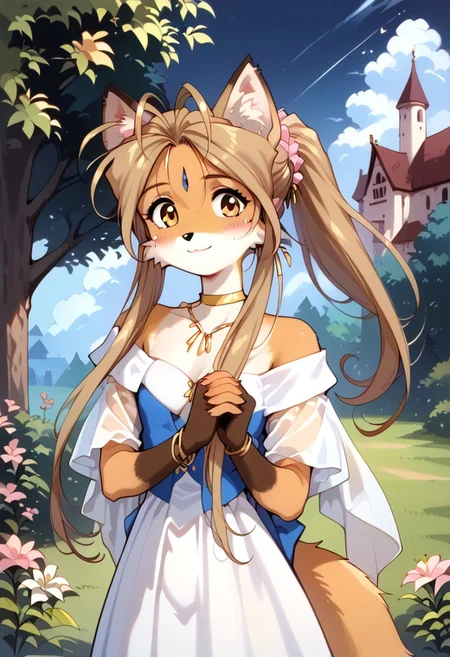 masterpiece, best quality, very detailed,score_9, score_8_up, score_7_up, source_anime, 1girl, solo, looking at viewer, Belldandy, Belldandy as a fox, long fox ears, with ear fluff, animal nose, dirty blonde hair color,long hair, fox tail, golden eyes, with cheek fluff, round face, (hand pose, standing:1.2), adorable, youthful appearance, cute bodytype, small body, petite body, flat chest, cute, toon, petite, small, cute, toon, petite, small, cute petite, small torso, petite, looking at viewer, flirty facial expression, dress, jewelry, earrings, bracelet, cleavage, blue dress, white dress, fingerless gloves, dethatched wings, dethatched angel wings, choker, collarbone, bare shoulders, gold choker, strapless, shawl, gold trim, wind lift, outdoors, garden, low light, dramatic lighting, night, bush, large stone castle in background, contrapposto, legs apart, standing, hip focus, cowboy shot, grass, flower, pink flower, light smile, closed mouth, stain remover, hair ornament, flower, lily, solo, haplogroup D1a1a1, high quality, masterpiece, portrait, Hmong, Expressive, retro art style, Vintage, 1990s \(style\) (female anthro: 1.2), <Anthro Fox Lora for Pony:0.6>, <lora:princess_xl_v2:0.75 > <lora:OldAnimeStyle_XL_v3:0.5> <lora:Expressive_H:1>