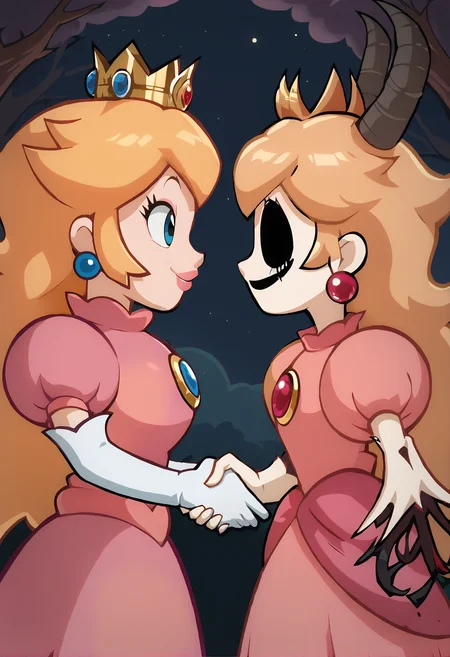 (score_9, score_8_up, score_7_up) BREAK source_anime, absurdres, forest, night sky
2girl, princess peach, blonde hair, blue eyes, long hair, looking at another, handshake, smile
crown, dress, gem, gloves, pink dress, puffy short sleeves, puffy sleeves, short sleeves, white gloves BREAK forestking, gem, jewelry, pc2dress, (forestking, horns, (black eyes, hollow eyes) armless amputee)