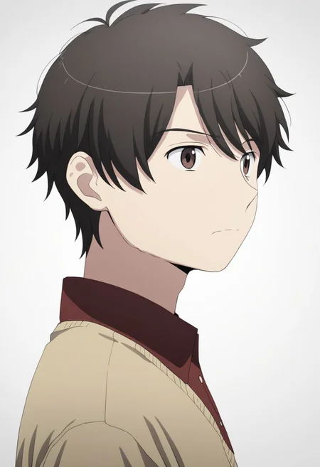 high resolution, solo, best quality, 1Boy, Inaho Kaizuka, Black Hair, Brown Eyes, potrait, dark shirt, looking at viewer, focused gaze forward, simple background, straight body, upper body, head upright, guilt, OverallDetail