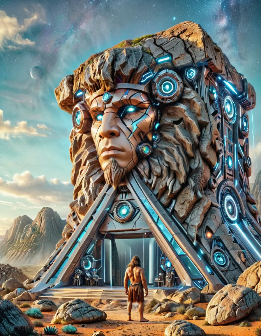 cinematic still outatimelora, caveman, futuristic building . emotional, harmonious, vignette, 4k epic detailed, shot on kodak, 35mm photo, sharp focus, high budget, cinemascope, moody, epic, gorgeous, film grain, grainy, outatimelora, caveman, futuristic building, dramatic light, epic background, colorful, sharp focus, cinematic, highly detailed, coherent, symmetry, magical, mystical, artistic, surreal, striking, extremely beautiful, perfect detail, professional, best, pure, fine, full color, intricate, innocent, vivid, spectacular, creative, positive, joyful, unique