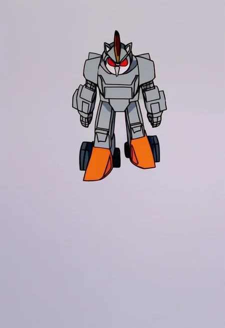MechaMk1, 1boy, no humans, robot, mecha, robotic version of Sonic, bulky silver gray exoskeleton, bright orange feet, single glowing eye, several rotating blades on the back of head heavily armored body, blocky silver gray exterior while the black endoskeleton is visible from the back, red eye, black sclera, colored sclera, solo, full body, standing, Transformers, Animation, <lora:Transformers 86 FT:1>
