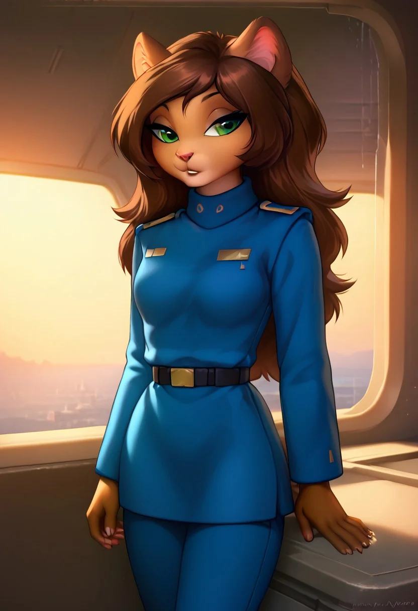 score_9, score_8_up, score_7_up, score_6_up, best quality, masterpiece, detailed, detailed eyes, beautiful, detailed background, perfect eyes, detailed body, inside of spaceship, spaceship bridge, BREAK
Erma Felna,furry female, animal ears, catgirl, green eyes, long hair, brown hair, brown fur, military uniform,blue high-collared jacket, blue pants,long sleves, belt, iskrastyle, tan body