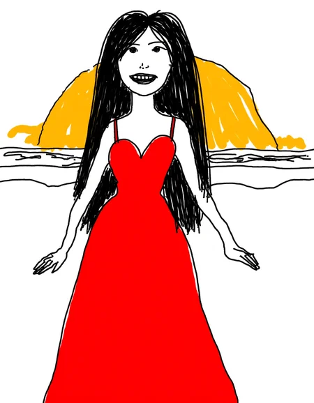 A women wearing stylish long red dress, laughing, long black hair, beach background, sunset,  <lora:Badly_Drawn_Flux:1> It is badly drawn. The image is a minimalist, scribbled lines, hand-drawn sketch of a
