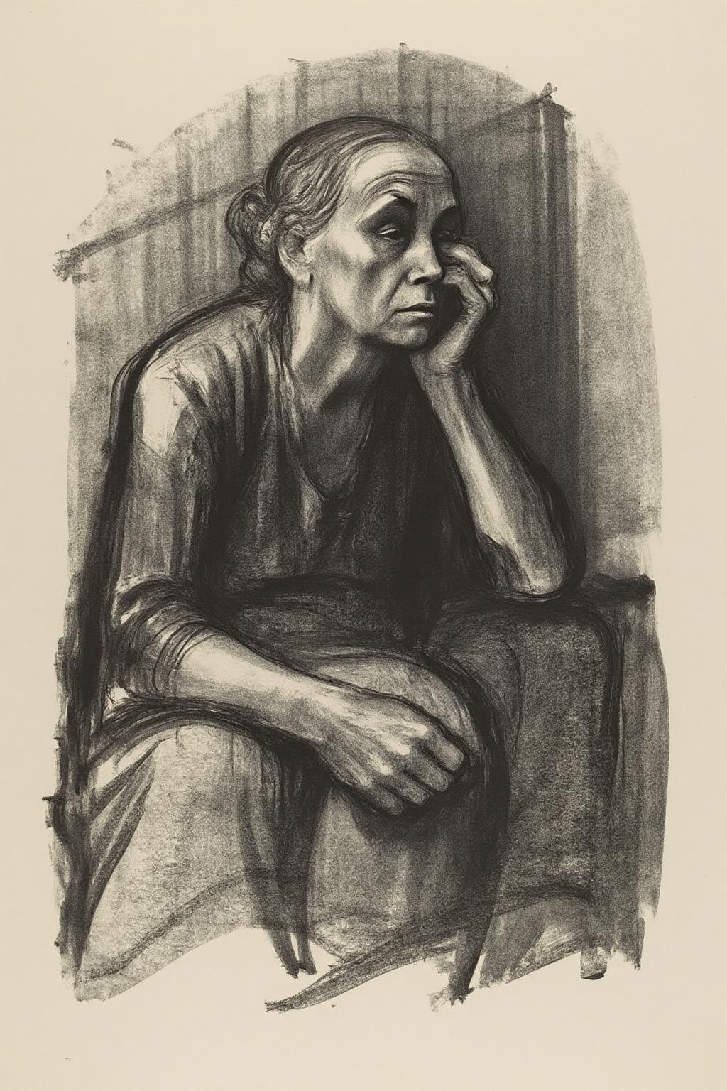 kako1 black and white charcoal drawing. An evocative crayon lithograph in the style of Käthe Kollwitz, depicting an elderly woman in a moment of deep sorrow and introspection. The figure sits hunched, with a tired and grieving expression, her head resting against her hand. The sketch is rendered in expressive black and gray tones, with raw, textured strokes that emphasize the weight of her emotions and the somber atmosphere. The background is minimal and shadowed, drawing focus to the figure and her emotional vulnerability. The composition reflects themes of loss, mortality, and human fragility, conveying a haunting yet deeply empathetic narrative. <lora:kako1_litho_nocap_d6a3:1.0><lora:814760059453177259:0>