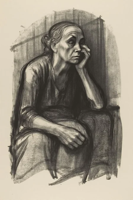 kako1 black and white charcoal drawing. An evocative crayon lithograph in the style of Käthe Kollwitz, depicting an elderly woman in a moment of deep sorrow and introspection. The figure sits hunched, with a tired and grieving expression, her head resting against her hand. The sketch is rendered in expressive black and gray tones, with raw, textured strokes that emphasize the weight of her emotions and the somber atmosphere. The background is minimal and shadowed, drawing focus to the figure and her emotional vulnerability. The composition reflects themes of loss, mortality, and human fragility, conveying a haunting yet deeply empathetic narrative. <lora:kako1_litho_nocap_d6a3:1.0><lora:814760059453177259:0>