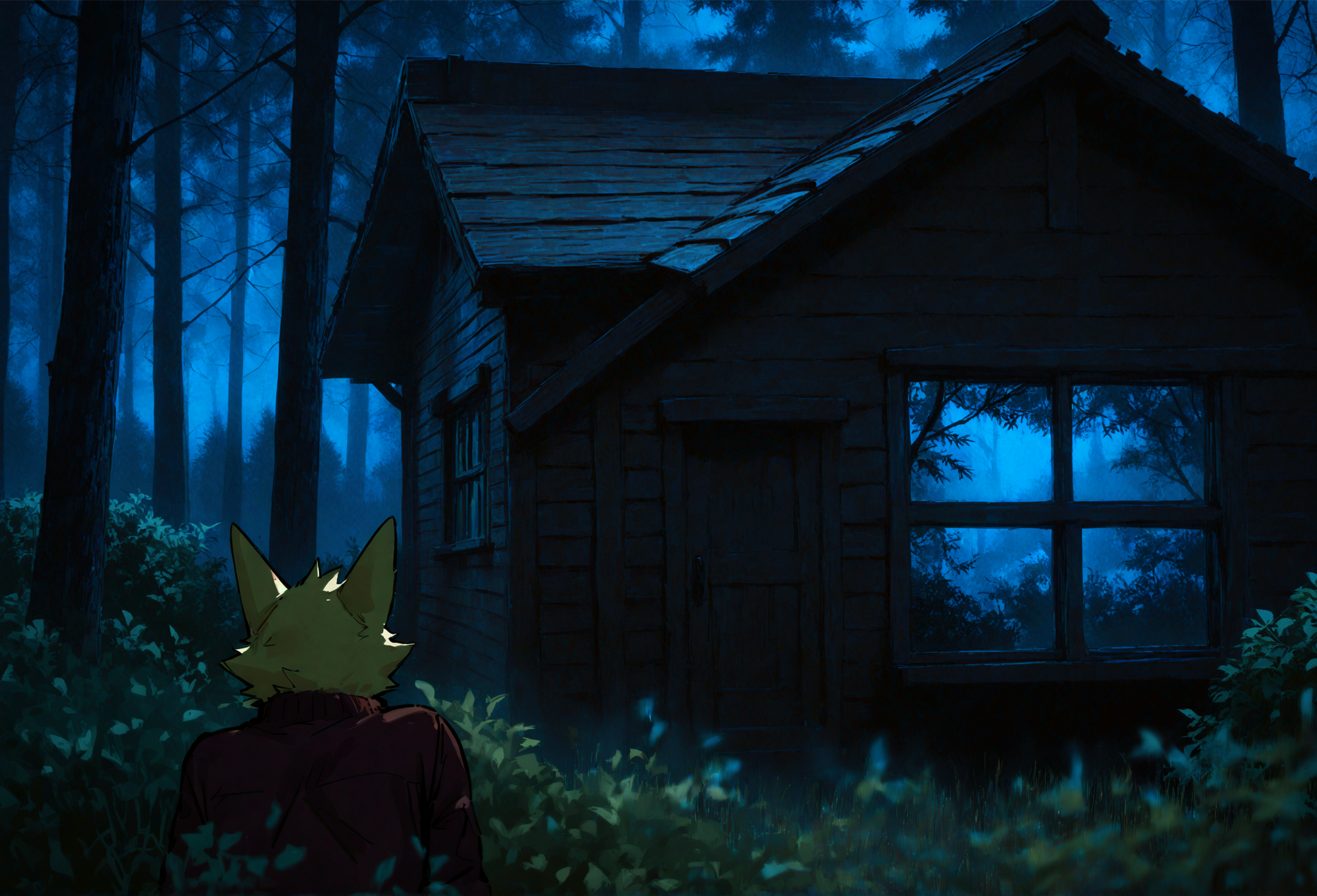 n4tdat_naiv, painterly, photo background,  from behind,  1boy, (aged up:1.5), furry, solo, yellow dog man, two-toned fur, pointy ears, yellow ears, hiding in bush, peeking out, dark red bomber jacket, looking at house,
dark forest, bush, leaves, hedge, tree, night, log cabin, blue glow, haze, heavy fog, ((dark)), light rays, broken glass,
masterpiece, best quality, very aesthetic, high quality, newest, very awa, crisp, detailed skin texture,  <lora:n4tdat_naiv_b02:0.85> <lora:ponyv6_noobV1_2_adamW:0.75> <lora:NOOB_vp1_detailer_by_volnovik_v1:1>  <lora:noobai_vpred_1_niji_composite:1>