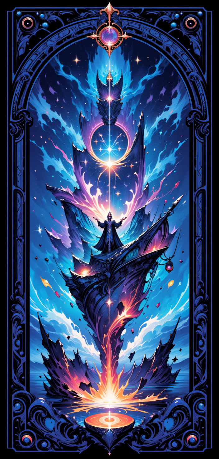 A stylized Tarot card titled 'The Starbound Navigator,' featuring a majestic, futuristic galleon soaring through a galaxy of swirling nebulae and shimmering stars. The galleon, inspired by the legendary 'Lisette,' is adorned with bioluminescent sails and a hull encrusted with crystalline constellations. At the helm, the figure of 'The Navigator' stands tall, cloaked in a robe of shifting cosmic colors, holding a glowing compass that projects a map of the stars. The card's border is intricately designed with ancient nautical symbols intertwined with glowing circuitry, pulsating with a soft, ethereal light. The overall scene is awash in deep blues, purples, and silvers, evoking a sense of cosmic exploration and the pursuit of the unknown.
<lora:abstract_render_flux:0.4>,<lora:Painted_World_Flux:0.8>,<lora:Dreamwave_FLUX:0.6>,<lora:dreamlands_flux:0.6>,