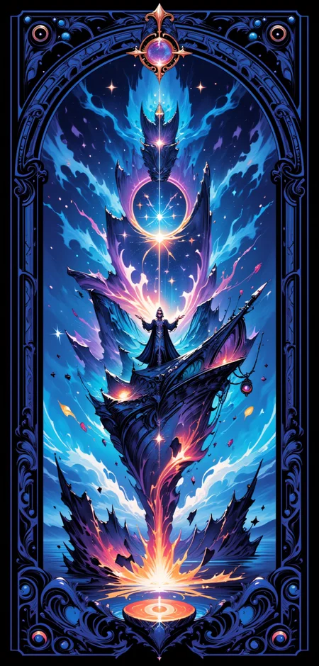 A stylized Tarot card titled 'The Starbound Navigator,' featuring a majestic, futuristic galleon soaring through a galaxy of swirling nebulae and shimmering stars. The galleon, inspired by the legendary 'Lisette,' is adorned with bioluminescent sails and a hull encrusted with crystalline constellations. At the helm, the figure of 'The Navigator' stands tall, cloaked in a robe of shifting cosmic colors, holding a glowing compass that projects a map of the stars. The card's border is intricately designed with ancient nautical symbols intertwined with glowing circuitry, pulsating with a soft, ethereal light. The overall scene is awash in deep blues, purples, and silvers, evoking a sense of cosmic exploration and the pursuit of the unknown.
<lora:abstract_render_flux:0.4>,<lora:Painted_World_Flux:0.8>,<lora:Dreamwave_FLUX:0.6>,<lora:dreamlands_flux:0.6>,
