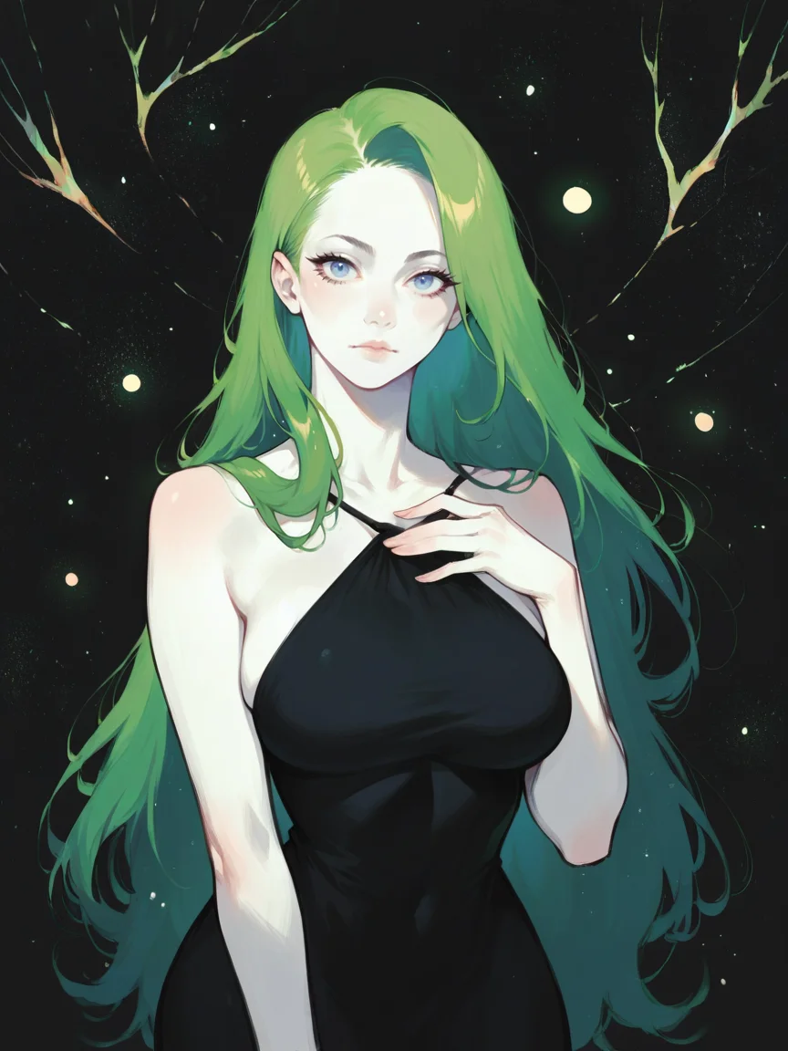 score_9, score_8_up, score_7_up, score_6_up, score_5_up, <lora:watXLP:0.7> wat, 1girl, solo, black background, blue eyes, white skin, looking at viewer, tree, abstract, curvy, starry sky, long hair, black dress, green hair,