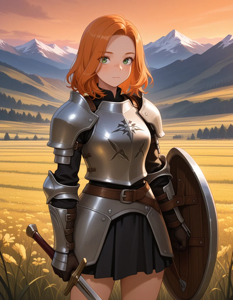 (ino), <lora:1_illu_ino_12e:1>, 1girl, armor, sword and shield, skirt, freckles, orange hair, medium hair, green eyes, field, mountains, (masterpiece, best quality, amazing quality),