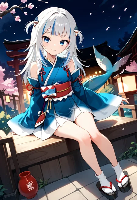 score_9, score_8_up, score_7_up, source_anime, beautiful detailed face, BREAK, GAWR GURA,
1girl, solo, looking at viewer, blush, smile, bangs, blue eyes,hair ornament, blue hair, tail, full body, grey hair, multicolored hair, detached sleeves, japanese clothes, virtual youtuber, kimono, two side up, streaked hair, sleeves past wrists, obi, sandals, tabi, fish tail, shark tail, shark girl, gawr gura