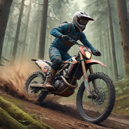 enduro biker drive in the forest, sense of speed:1.4, high resolution Ultra Detail, pastel color, modern art, trending on artstation, sharp focus, studio photo, intricate details, highly detailed, by greg rutkowski