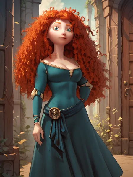 score_9, score_8_up, score_7_up, score_6_up, score_5_up,   <lora:meridaXLP:1> merida, 1girl, long hair, solo, curly hair, blue eyes, red hair, freckles, dress, curvy, large breasts,
