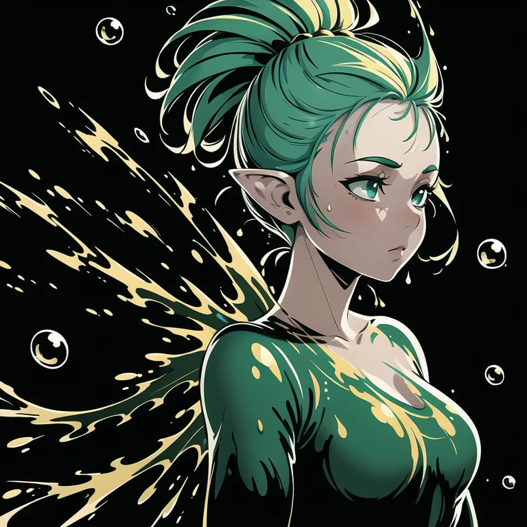 (masterpiece, best quality:1.1), pxint, a fairy, spiked hair, (1girl:1.05), solo, detailed eyes, whimsical, portrait, beautiful, looking to the side, droplets, green and gold, sparkle, (smile:0.3), bubble, flowing, with a splash of paint, (abstract:0.8)
