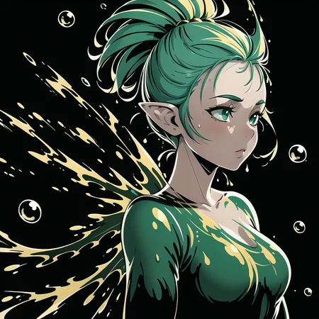 (masterpiece, best quality:1.1), pxint, a fairy, spiked hair, (1girl:1.05), solo, detailed eyes, whimsical, portrait, beautiful, looking to the side, droplets, green and gold, sparkle, (smile:0.3), bubble, flowing, with a splash of paint, (abstract:0.8)