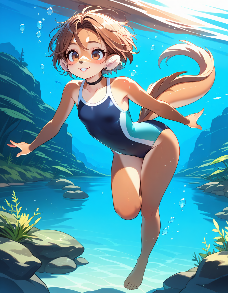 masterpiece, best quality, very aesthetic, absurdres,
outdoors, lake, swimming, submerged, underwater, 
full body, swimsuit,  
smile, parted lips, long eyelashes, 
<lora:Mikhaila_v01_NAIXL:1>
M1k4a11a,1girl,solo,furry,furry female,short hair,brown hair,brown eyes,animal nose,choker,body fur,brown fur, tail,