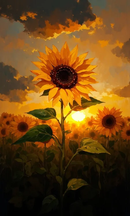 Full outdoor shot of a single sunflower at sunset. 
The sunflower is centered in the image and is a vibrant yellow, with a dark brown-purple disc in the middle.  Its petals are slightly open, catching the golden light of the setting sun. The sunflower's stem and leaves are a deep green, contrasting sharply with the golden and orange colors of the sky. The stem is long and slender, rising from a field of dark green leaves, creating depth and perspective in the image.
The sky is a beautiful mix of colors, transitioning from dark grayish-blue clouds to warm oranges and golds where the sun is setting. The sun itself is partially visible as an orb of light near the top right of the image.  The background is softly out-of-focus creating a sense of serenity and the drama of the sunset.  Other sunflowers, blurred and less detailed, are visible in the background, suggesting a field of sunflowers. The overall impression is of a beautiful, serene sunset scene with a focal point on the single sunflower., <lora:FLUX-daubrez-DB4RZ-v2:1> DB4RZ, DB4RZ style painting, <lora:Test_OS:0.8>