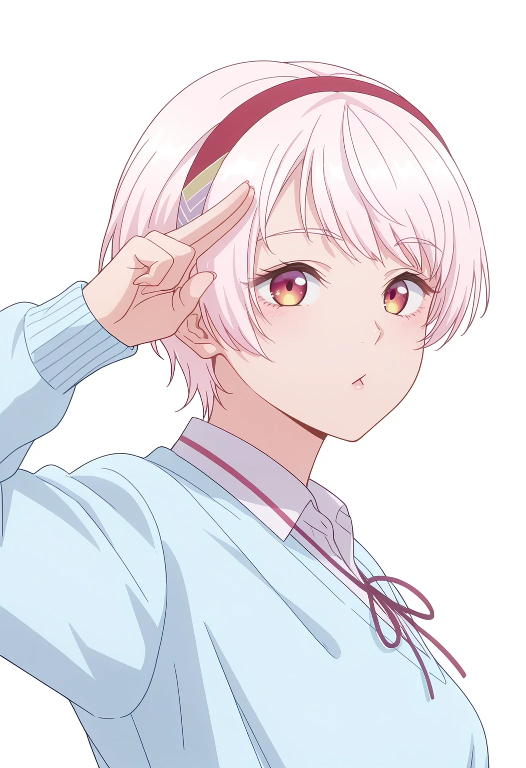Smooth Quality,masterpiece,beautiful aesthetic, very intricate, high quality details, ultra realistic, high detailed skin,
simple background, white background,
from side,two-finger salute,diamond mouth,
school uniform, <lora:Natsukawa_Renacnn:0.8> rena/cnn, 1girl, short hair,