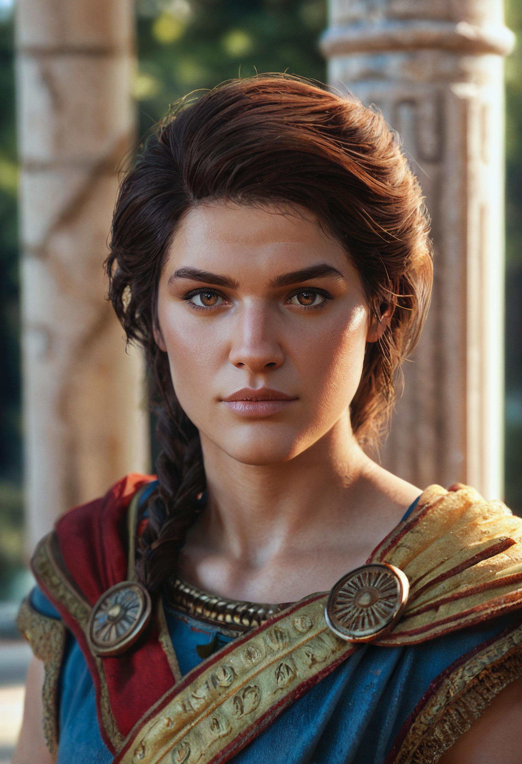 score_9, score_8_up, score_7_up, zy_kassandra, 1girl, realistic, brown hair, brown eyes, portrait, nature, roman empire, pillars, depth of field, highly detailed, high contrast, film grain, Rim Lighting , <lora:zy_Kassandra_PonyRealism_v1:0.7>