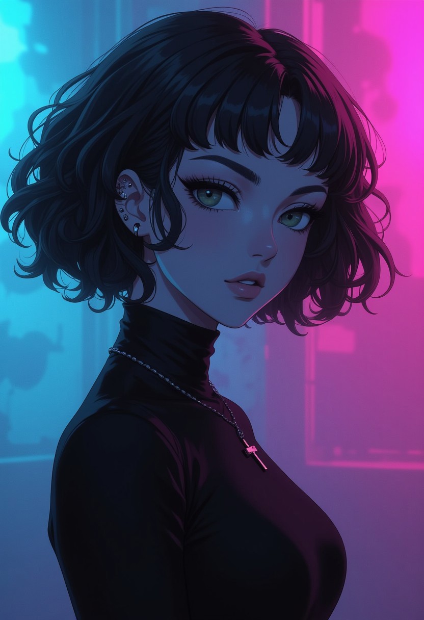 (8k resolution, absolute masterpiece, ultra detailed, best quality, masterpiece, colorful, highest detailed), (intricate details), (hyper-realistic), (dynamic angle), 1 girl, goth girl, solo, short black hair, parted from the middle, fluffy hair, slit pupils, closeup, face focus, face, coloured background, wearing a skin tight black turtle neck, foggy, cool tones, angled view, looking past the camera, posing, cross necklace, pierced ears, multiple ear piercings