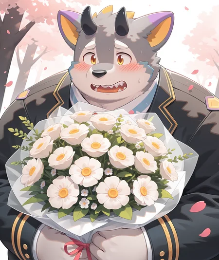 masterpiece, dreamlike atmosphere, vibrant, detailed, absurdres, highres, amazing_quality, best quality, <lora:belphegor-15A:1> hbelp, dog_boy, 1boy, solo,
, school uniform, black blazer, upper body, nervous sweating, blush, plump, outdoors,
, falling petals, dappled sunlight, holding, bouquet, dynamic angle, oversized bouquet, flower wrapper, petals,