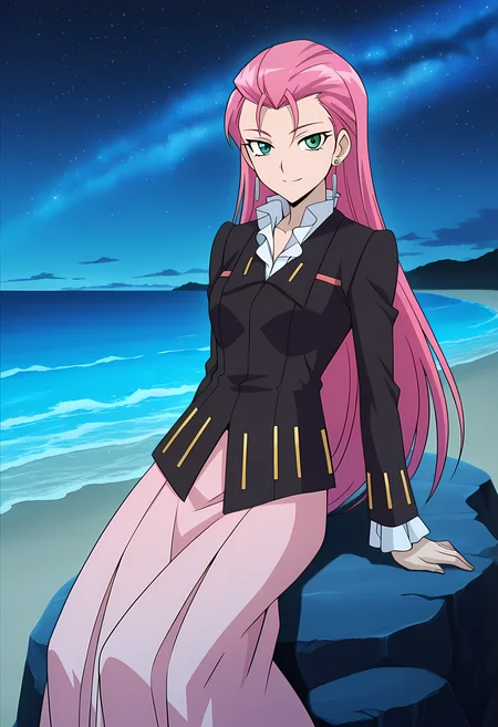 masterpiece,best quality,amazing quality,
solo,
Esuka Hibino (Cardfight Vanguard), long hair, pink hair, hair slicked back, hair down, green eyes, formal, long sleeves, earrings, jewelry, jacket, long skirt, pink skirt,
looking at viewer, smile,
lying, Leaning back on rock,
cinematic,
bloom, night, at beach, starry sky, galaxy sky, glowing blue ocean waves, blue light, detailed shadow,
Official style, anime screencap, anime coloring,