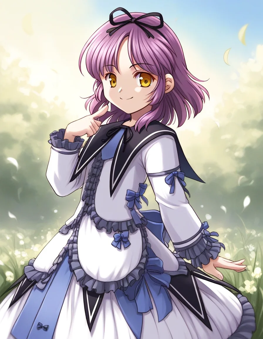 score_9, score_8_up, score_7_up, source_anime, rating_explicit, BREAK <lora:Renne_Bright_XL:1> Renne_Bright, purple hair, medium hair, yellow eyes, hair ribbon, black ribbon, short stack,
1girl, solo, smile, ribbon, dress, bow, frills, white dress, skirt, long sleeves,
blue sky, outdoor,
smile,
looking at viewer,
cowboy_Shot,