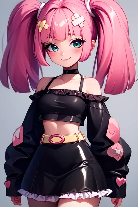 score_9, score_8_up, score_8, medium breasts, (curvy), cute, eyelashes, BREAK, , zzCoral, pink hair, twintails, blunt bangs, hair ornament, belt, long sleeves, sleeves past fingers, black skirt, black choker, black crop top, bare shoulders, yellow belt, bandaid, midriff, collarbone, <lora:Coral_Pokemon_PDXL:0.8>, , BREAK, closed mouth, alternate costume, smile, looking at viewer, blush, zzLFashion, frilled dress, frills, bow, dress, striped thighhighs, sweetL, cowboy shot, embedding:zPDXL, Expressiveh, <lora:Vivid:0.7>, <lora:LFashionPDXL:1>, <lora:Uncensored_PonyXL_cpt_v02.09:0.4>, <lora:Expressive_H-000001:0.4>,
