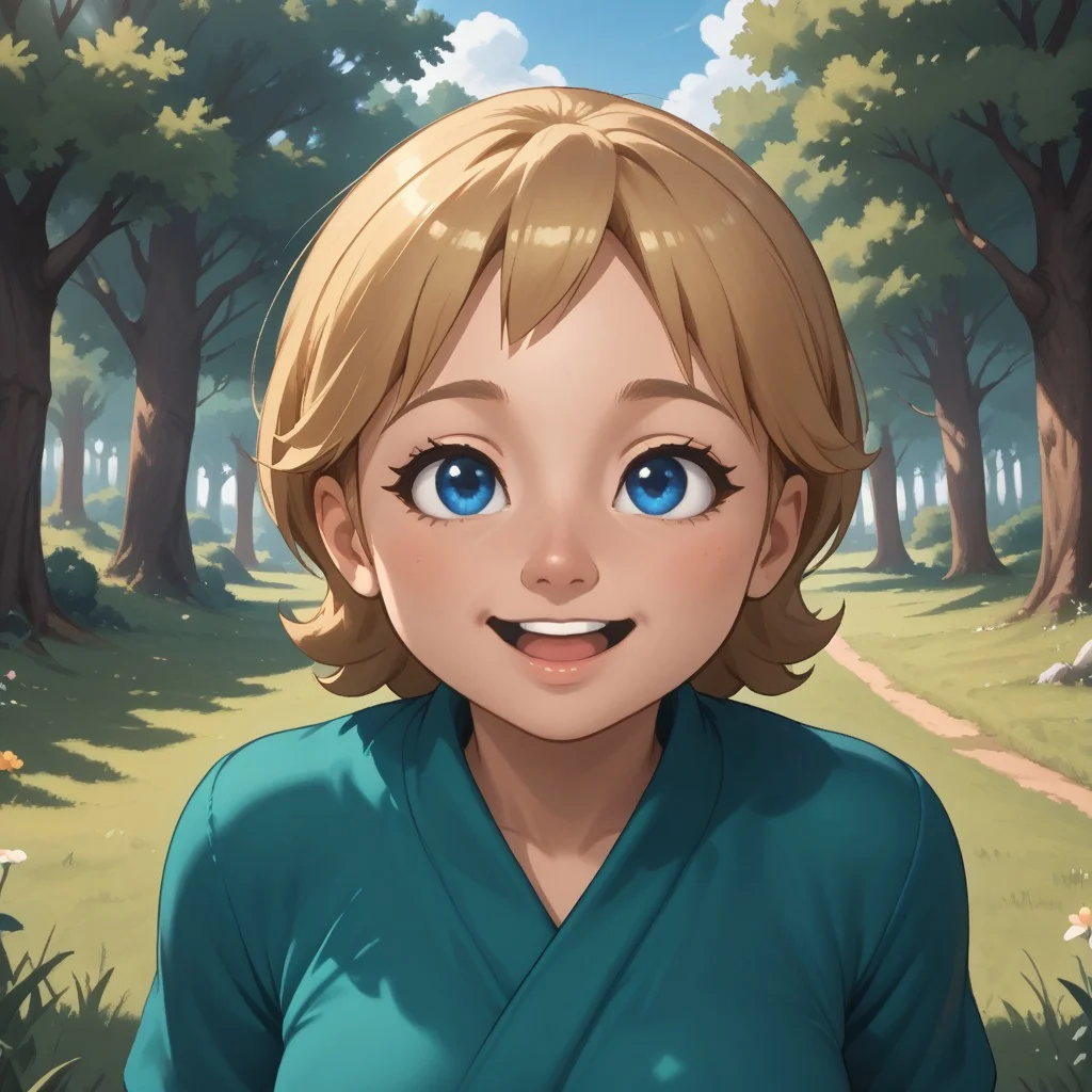 score_9, score_8, BREAK, solo, mii, wii, wii sports resort, 1girl, female mii, cute, blonde hair, black blue eyes, rare eyes, tree shaped nose, open mouth, buck tooth, double chin, chubby, chubby female, dark green clothing, white pants, barefoot, Megan_(\Wii_Sports_Resort\), Nintendo Mii, modern_mii, classic_mii, big breasts, sexy pose, self portrait, smile, outdoors, sunlight, shadows, evening lighting, natural lighting, forest, trees, grass, orange sky, sunset, sitting, soles