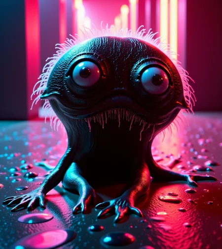 a strange little creature with big eyes is on a party in a berlin techno club