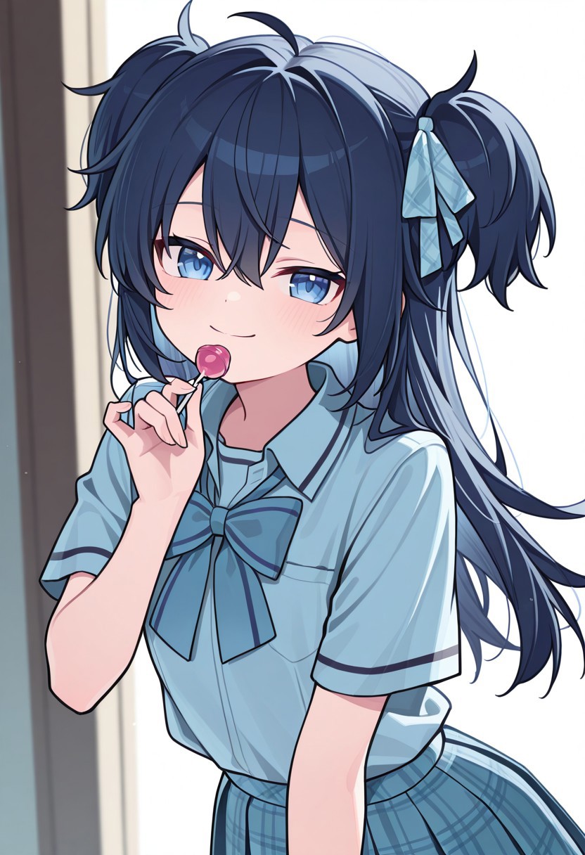 masterpiece, best quality, 32k, high resolution, absurdres, koube shio, smile, closed mouth, holding candy, ribbon, plaid skirt, upper body, hair ribbon, pleated skirt, blue skirt, blue bow