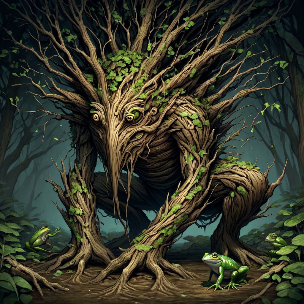masterpiece, best quality, newest, absurdres, highres, FG-V2.0-Spirit, anima, animal focus, FG-V2.0, frog, no humans, monster, FG-V2.0-Treant, treant,