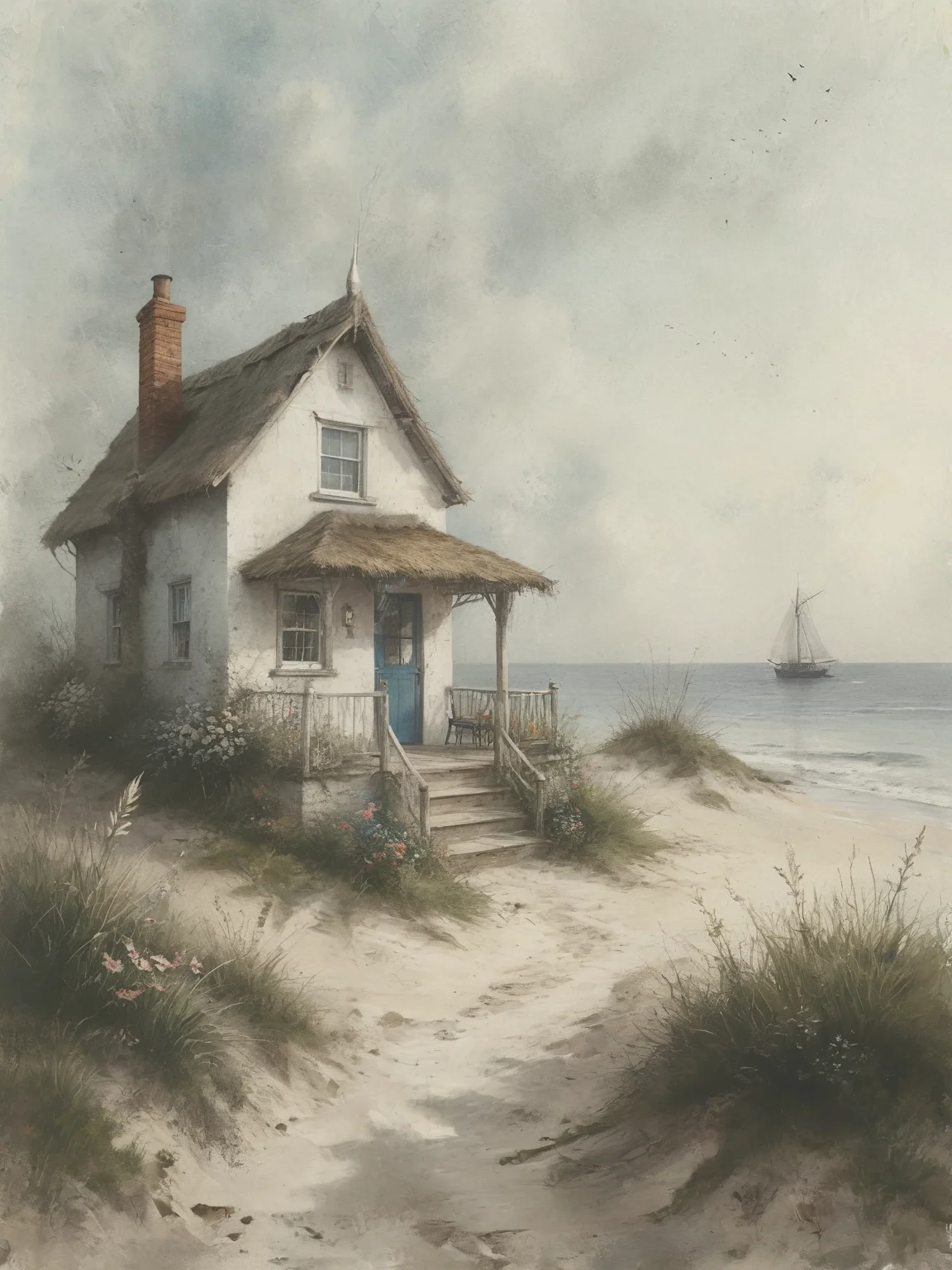 A captivating illustration of a quaint little seaside house, exuding warmth and hospitality. The thatched-roof cottage, built of wooden beams, sits on a sandy shore, A cozy porch features a swing, perfect for relaxing while enjoying the sea breeze. The calm sea reflects the sky's gentle hues, and a picturesque lighthouse stands proudly in the distance, guiding ships through the night. The carefully crafted font of the guest book adds a touch of elegance, inviting visitors to leave their mark. This charming scene exudes a serene atmosphere, making it an irresistible destination for relaxation and adventure., illustration, <lora:Desolation:0.6>