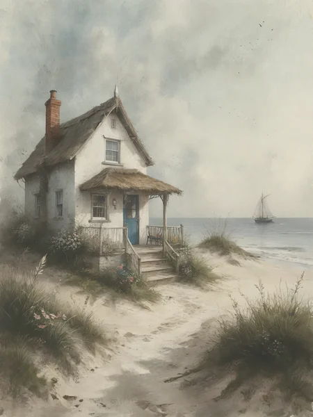 A captivating illustration of a quaint little seaside house, exuding warmth and hospitality. The thatched-roof cottage, built of wooden beams, sits on a sandy shore, A cozy porch features a swing, perfect for relaxing while enjoying the sea breeze. The calm sea reflects the sky's gentle hues, and a picturesque lighthouse stands proudly in the distance, guiding ships through the night. The carefully crafted font of the guest book adds a touch of elegance, inviting visitors to leave their mark. This charming scene exudes a serene atmosphere, making it an irresistible destination for relaxation and adventure., illustration, <lora:Desolation:0.6>