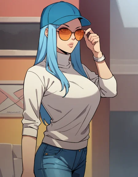 score_9, score_8_up, score_7_up, 1girl, solo, turtleneck, turtleneck sweater, jeans, tall female, standing, baseball cap, sunglasses, cowboy shot, sweater, tinted eyewear,
<lora:t0miekatana:1> t0mie, blue hair,