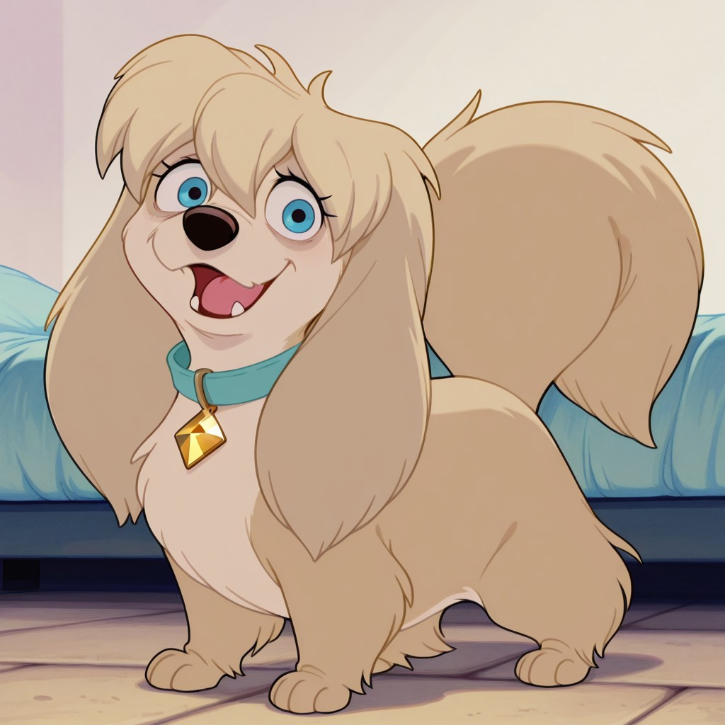 peg, female, dog, disney, blonde fur, long ears, light blonde belly, blue eyes, no eyeshadow, no bangs, hair tuft, housedog peg, blue collar with gold diamond-shaped tag, large eyes BREAK score_9, score_8, score_7, no humans, (((full body))), standing, solo, female, feral, hight definition, hyper detailed, best quality, amazing quality, 1girl, cute, cute smile, cute pose, 8k, masterpiece, looking at viewer BREAK sitting, happy, friendly, adorable, expressive eyes, sweet, smiling, open mouth, open eyes, indoors, on bed, (((soft colors))), (((bright colors))), (((bright background))), (((carpeted floor)))
outside, (((no shadows))), (((light background))), smug, flirty, playful, (((no walls)))