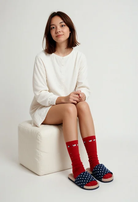 ((scksnsndls)), 1girl, solo, simple_background, white_background, sitting, red_socks, full_body, casual_clothes, slippers