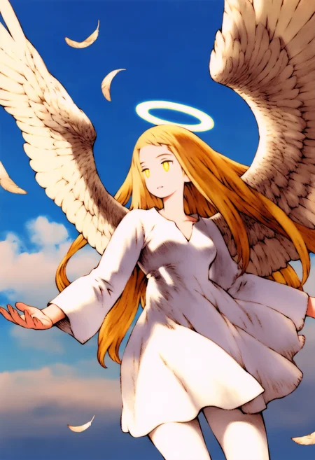 best quality, amazing quality, very aesthetic, absurdres, yoshida akihiko, shaded, shadowed,
BREAK
1girl, long hair, blonde hair, white theme, angel wings, white dress, feathers, sky, detailed background, white background, halo, white pantyhose, spread wings, outstretched, blue sky, cloud,
looking at viewer, yellow eyes, glowing eyes, <lora:AkihikoYoshidaNoobLocon_byKonan:1>